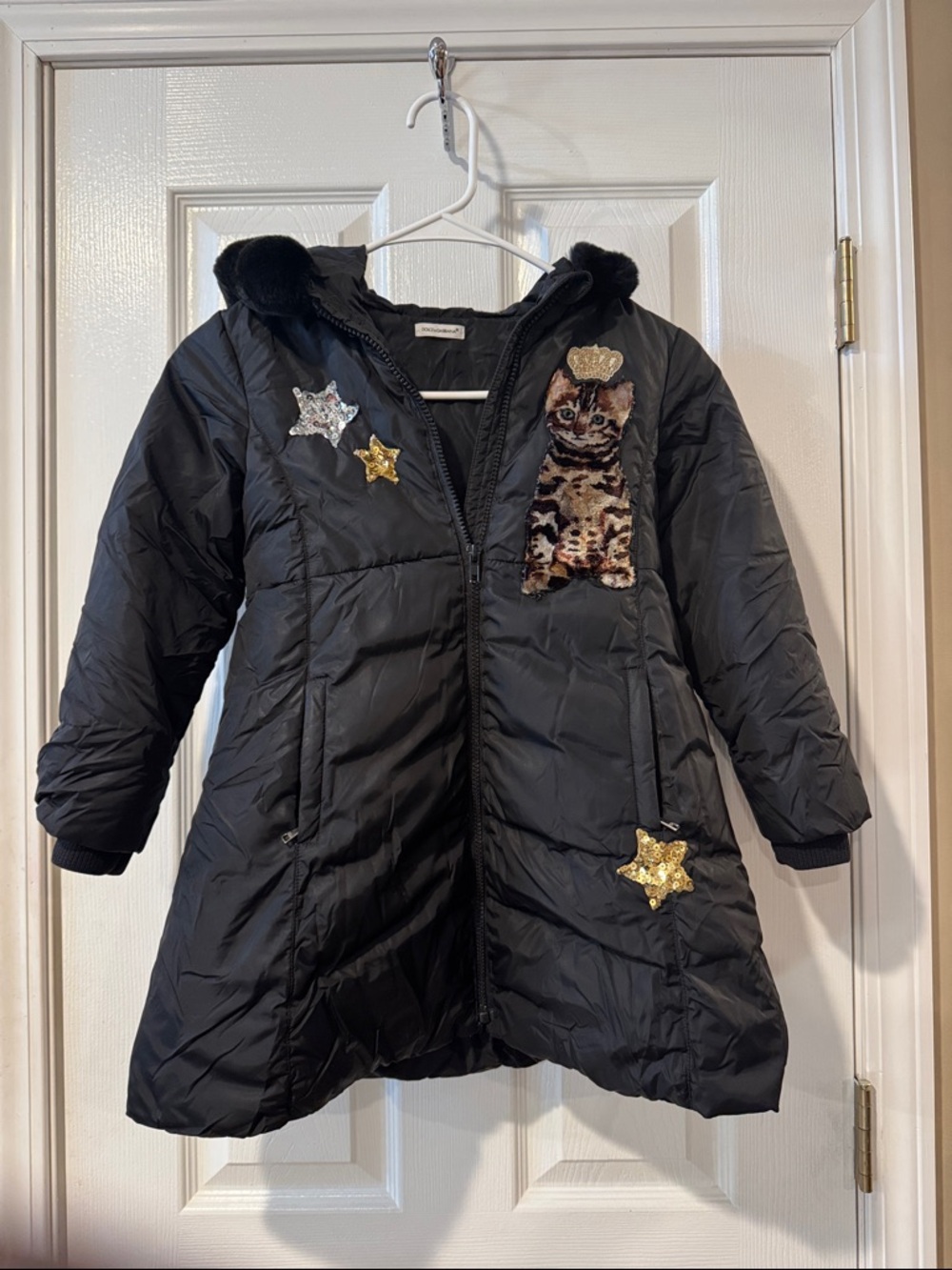 Dolce & Gabbana Black Quilted Girls Puffer Coat with Kitten and Star Patches